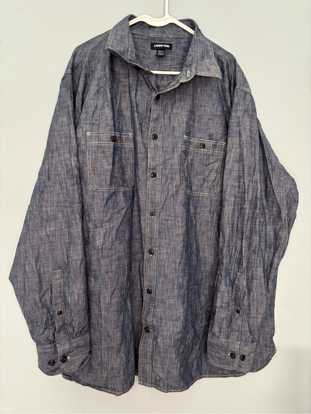 Lands End Button Up Shirt Men's 3XL Tall Chambray Blue Traditional Fit